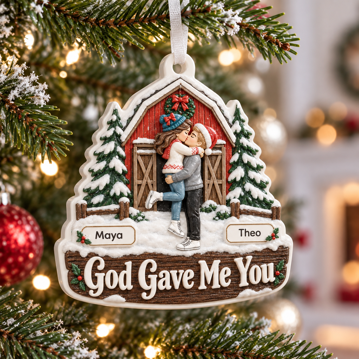 God Gave Me You Couple Winter Barn Cabin Christmas Hanging Keepsake - 3D Relief Ornament