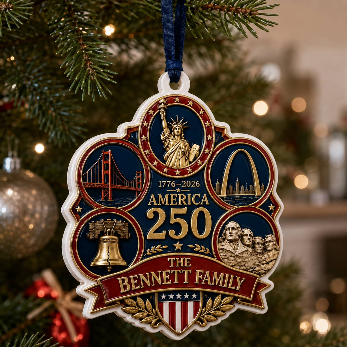 America 250 Commemorative Crest Keepsake with Patriotic US Landmarks - 3D Relief Ornament