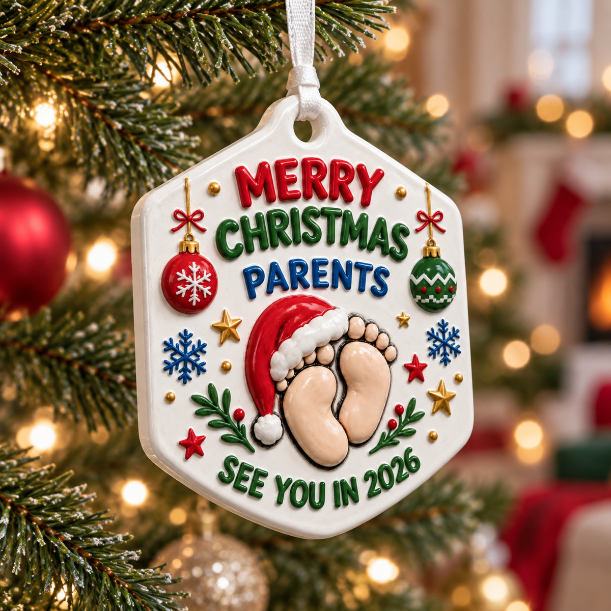 Expecting Parents 2026 Baby Footprint Christmas Tree Hanging Plaque - 3D Relief Ornament