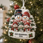 Snowman Grandparents and Grandkids Christmas Tree Keepsake - 3D Relief Ornament