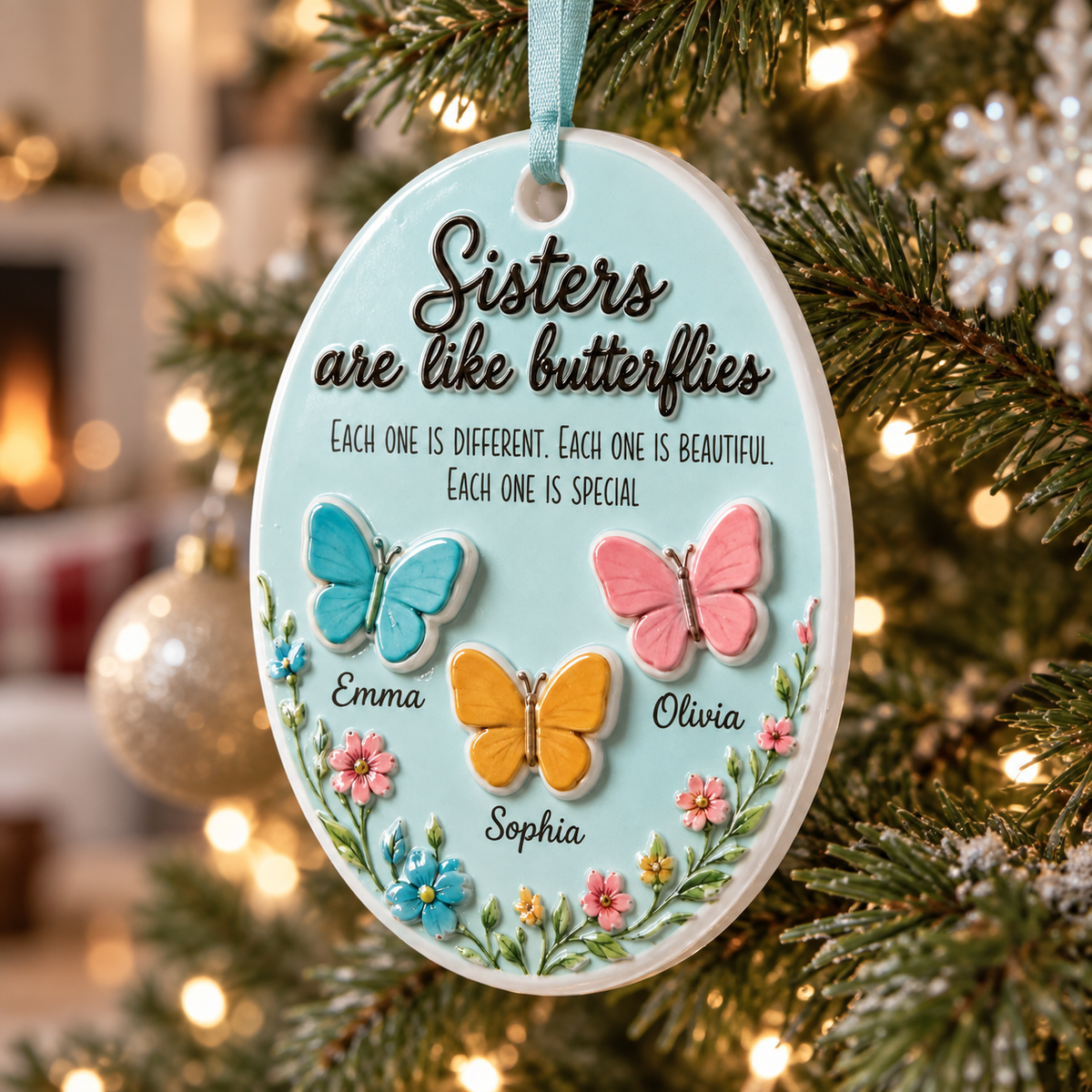 Sisters Are Like Butterflies Oval Light Blue Floral Hanging Keepsake - 3D Relief Ornament