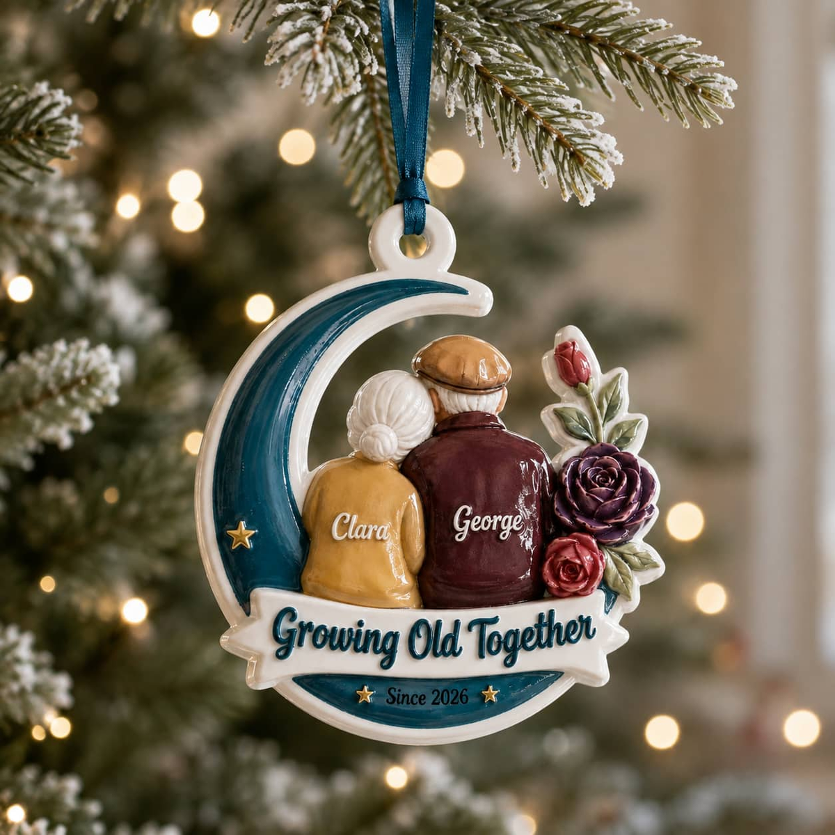 Growing Old Together Couple Keepsake, Elderly Pair on Crescent Moon Ceramic Decor - 3D Relief Ornament