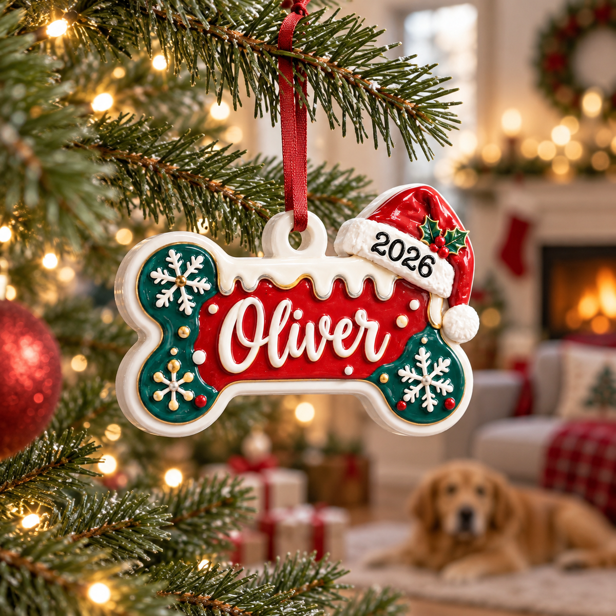 Dog Bone Christmas Tree Hanging Decor with Red Santa Hat and Snowflakes - 3D Relief Ornament