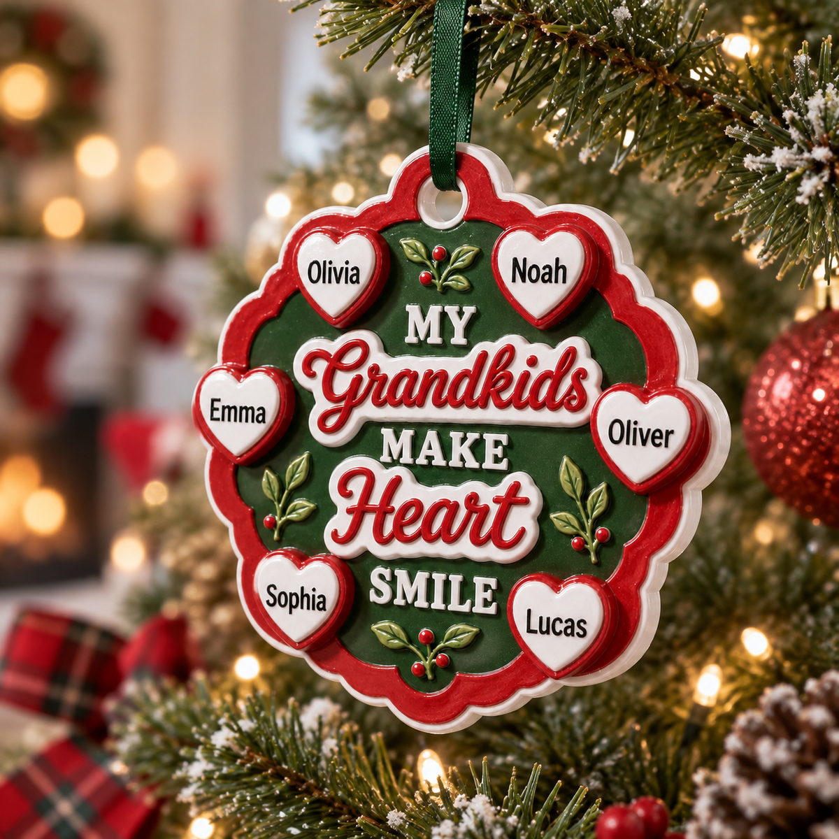 Grandkids Make Heart Smile Red and Green Scalloped Tree Keepsake - 3D Relief Ornament
