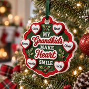 Grandkids Make Heart Smile Red and Green Scalloped Tree Keepsake - 3D Relief Ornament