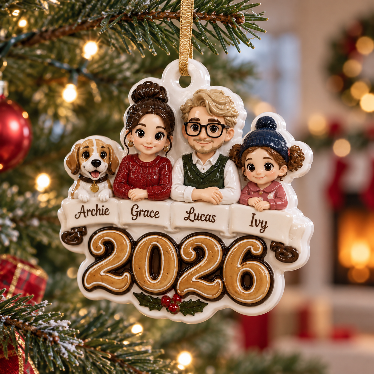 Family and Dog Christmas Tree Keepsake, Holiday Hanging Decor - 3D Relief Ornament