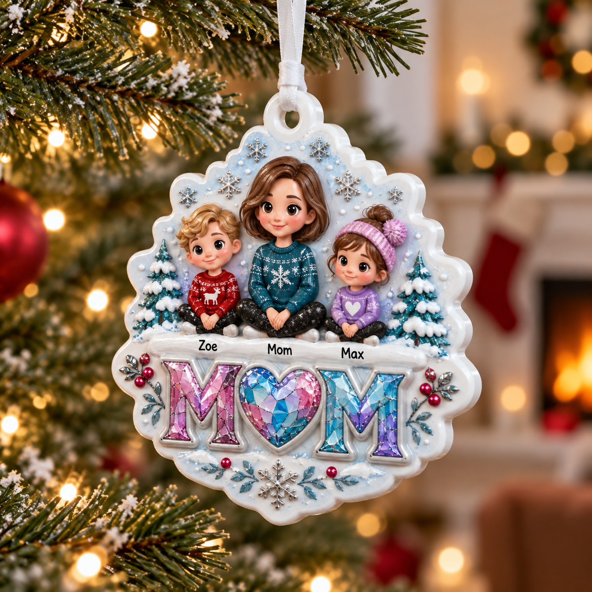 Mom and Two Children Winter Family Tree Hanging Decor with Snowflakes - 3D Relief Ornament