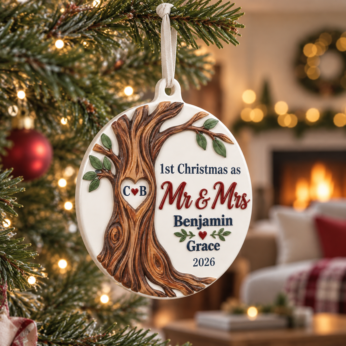 First Christmas as Mr and Mrs Round Holiday Hanging Decoration with Carved Tree Trunk - 3D Relief Ornament
