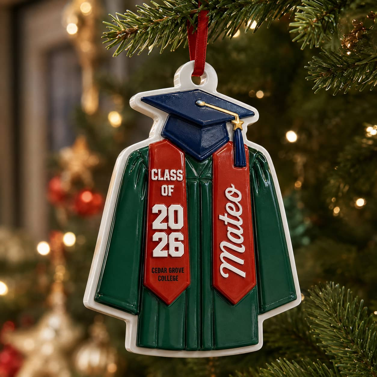Graduation Cap and Gown Holiday Keepsake for High School or College Commencement - 3D Relief Ornament