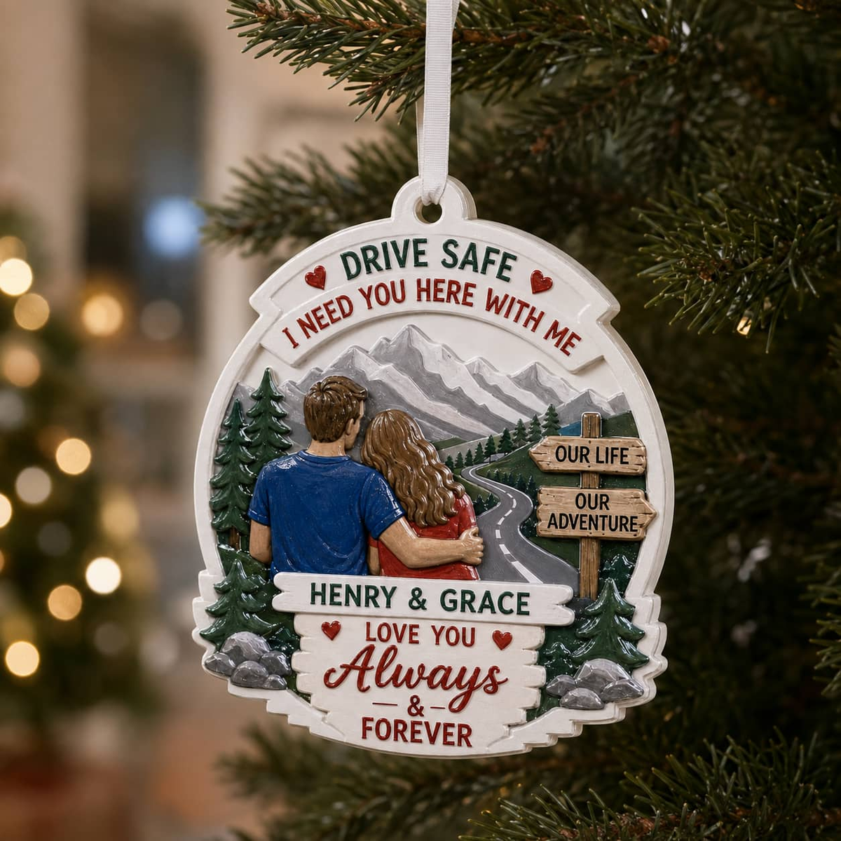 Drive Safe Couple Keepsake, Oval Mountain Scenery and Pine Trees Hanging Decor - 3D Relief Ornament