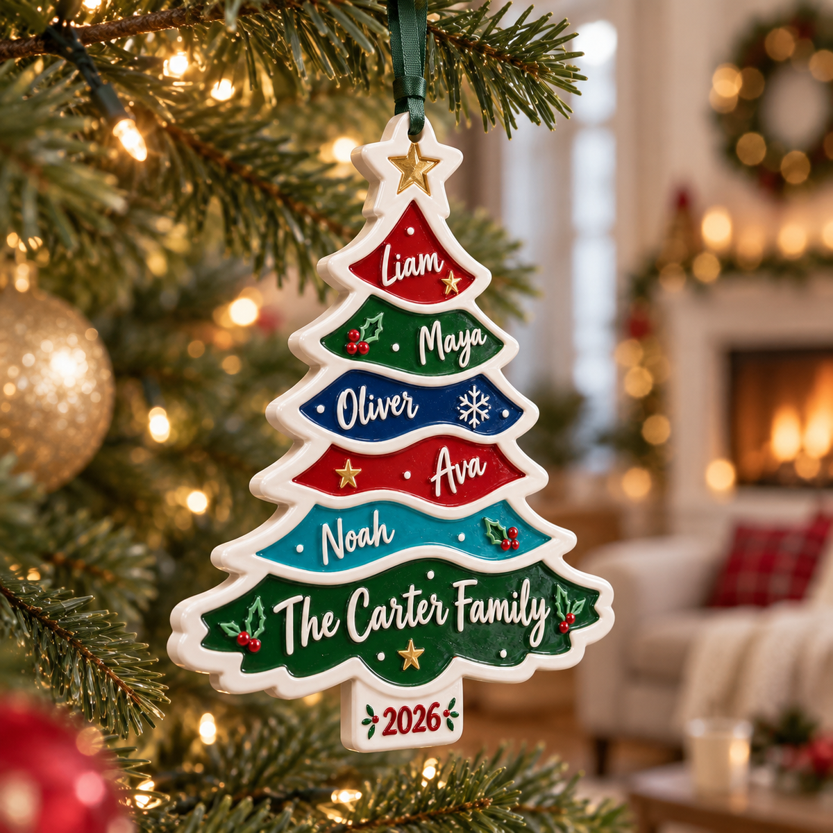Family Christmas Tree Multicolor Tiered Plaque Hanging Keepsake - 3D Relief Ornament