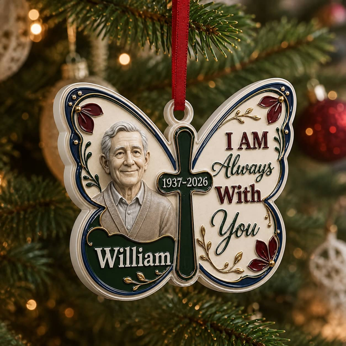 Memorial Butterfly Cross Hanging Tree Decor, I Am Always With You Keepsake - 3D Relief Ornament