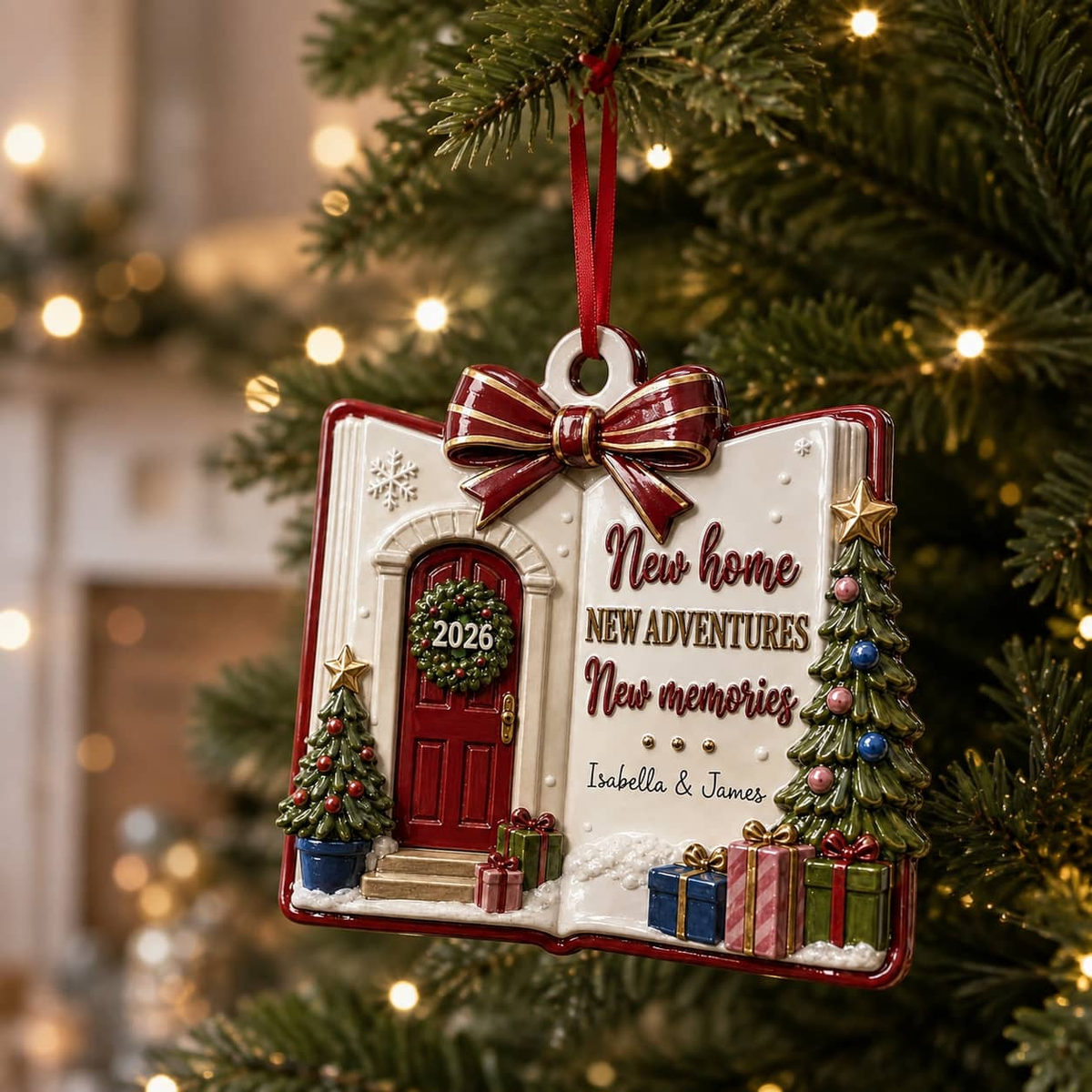 New Home Keepsake, Open Book Shape Red Front Door and Tree Holiday Decor - 3D Relief Ornament