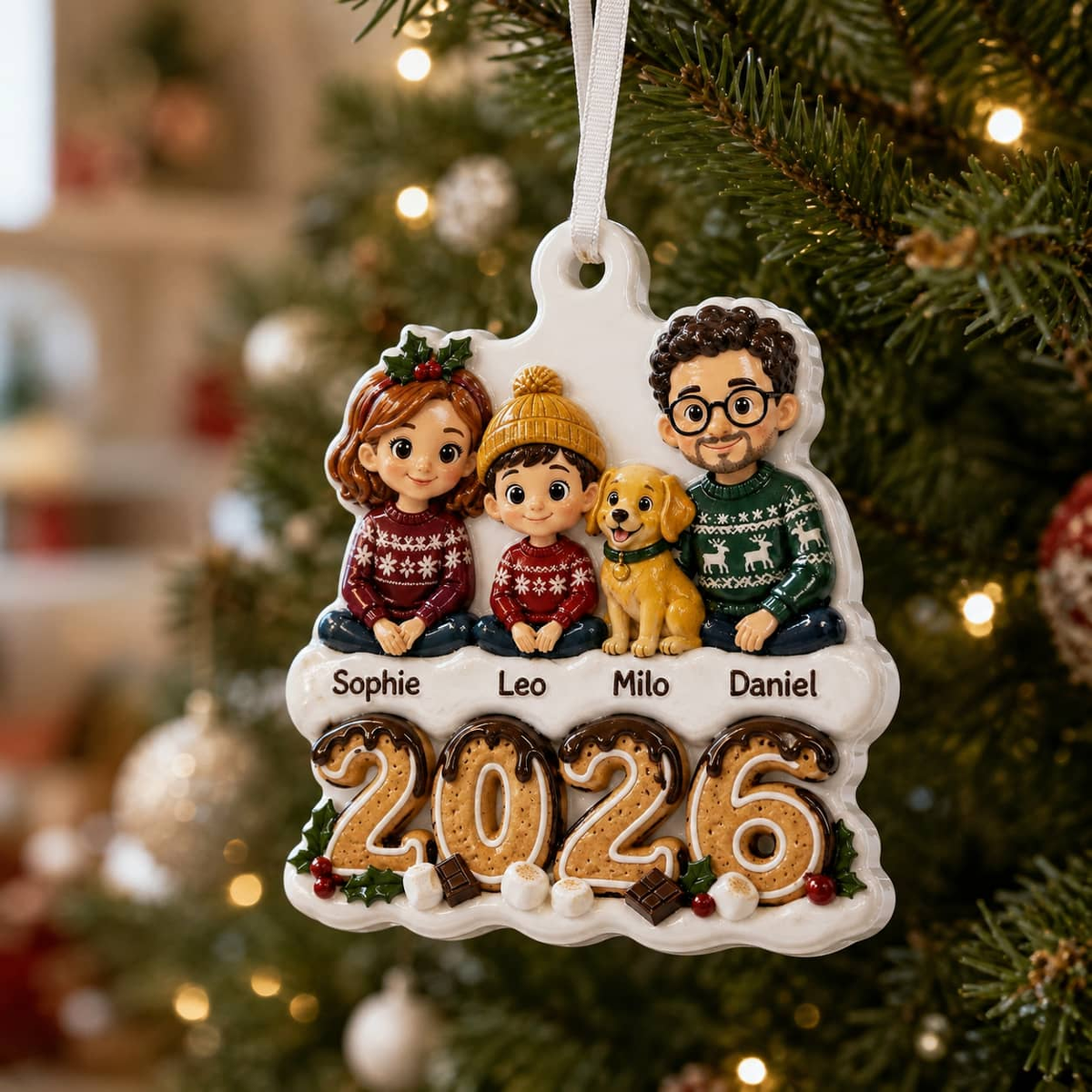 Family and Dog Christmas Tree Keepsake, 2026 Gingerbread Holiday Decor - 3D Relief Ornament