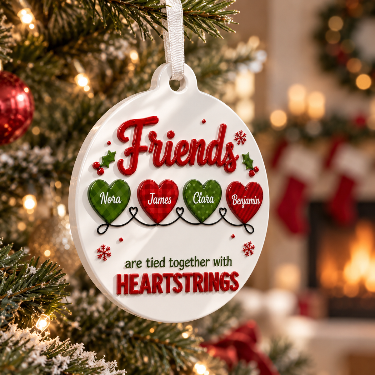 Friends Heartstrings Christmas Tree Holiday Decor, Oval White Design with Raised Red Green Details - 3D Relief Ornament