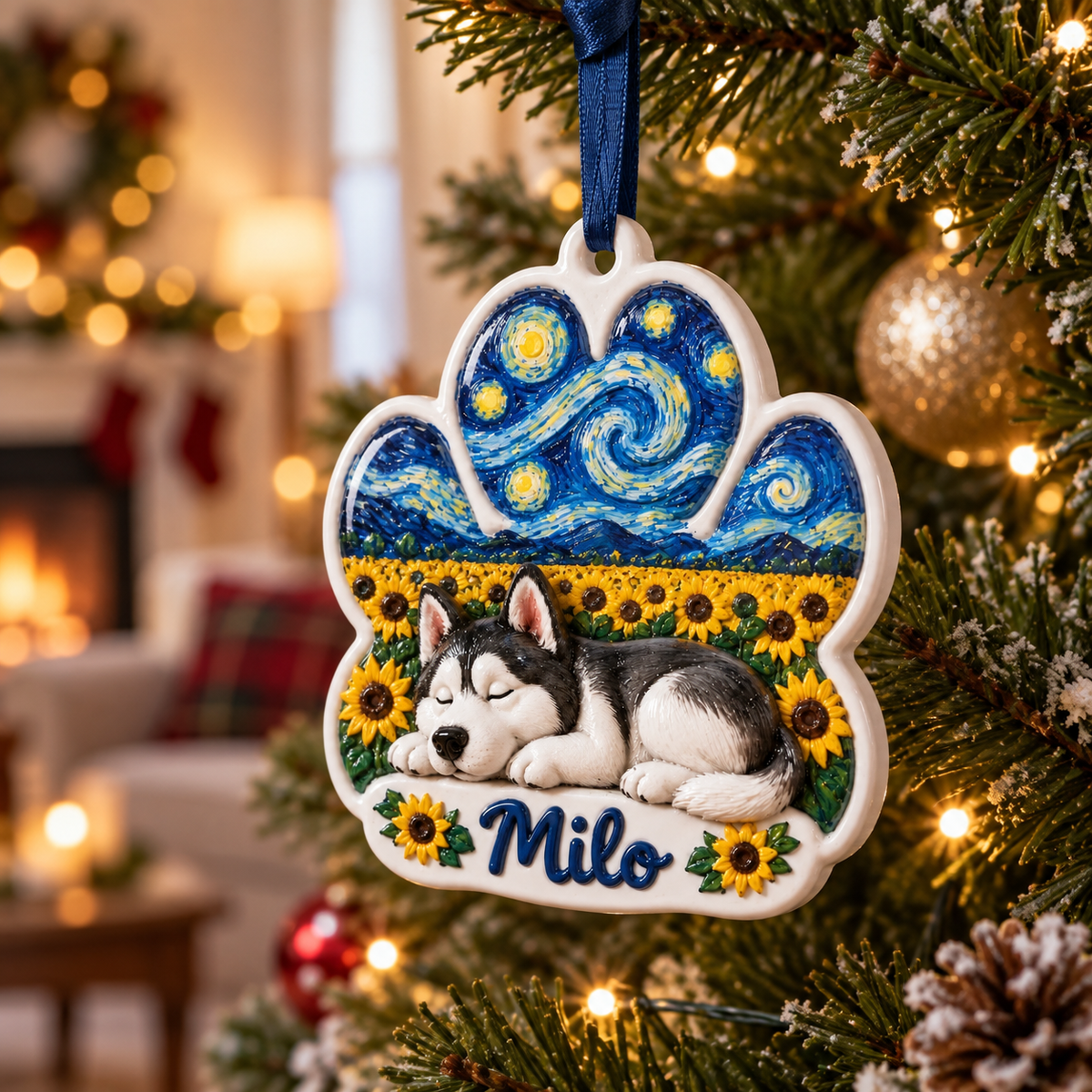 Sleeping Dog Paw Print Sunflower Christmas Tree Hanging Decor - 3D Relief Ornament