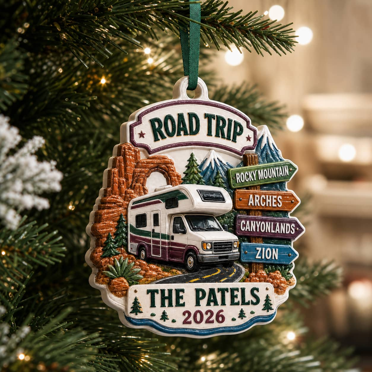 Road Trip Camper Keepsake, Motorhome and National Park Signs Hanging Decor - 3D Relief Ornament