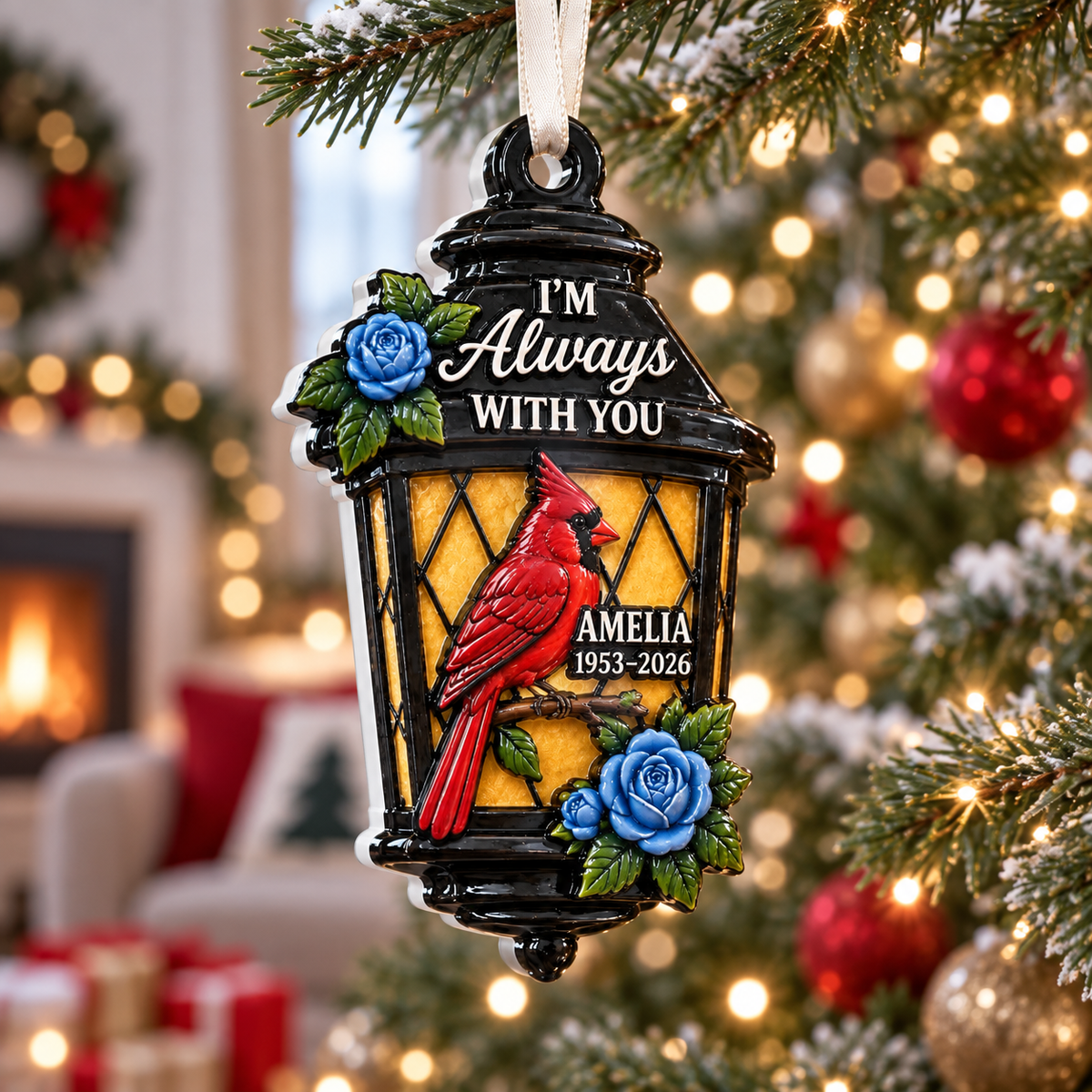 Red Cardinal Memorial Lantern Hanging Keepsake with Blue Roses - 3D Relief Ornament