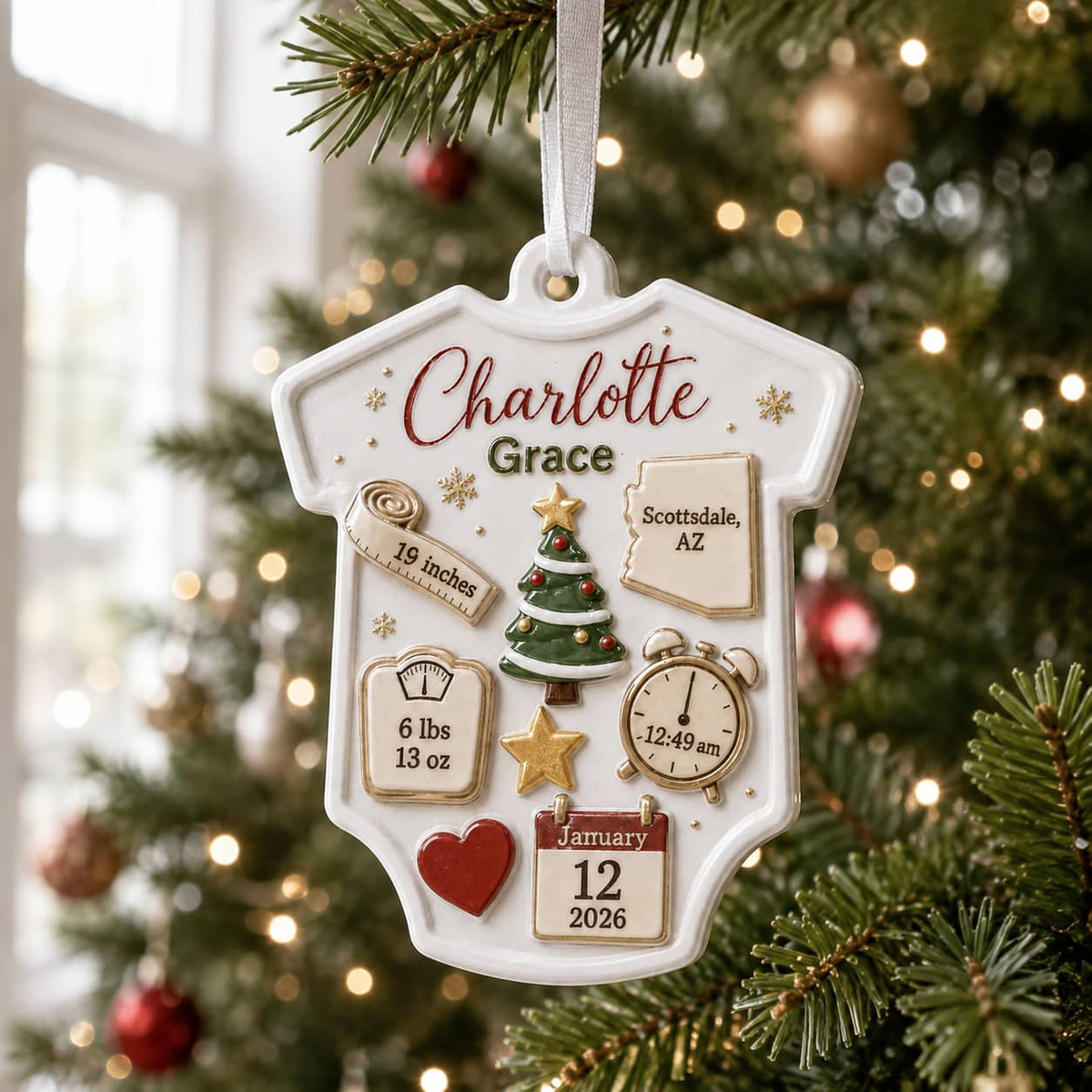 Baby Bodysuit Birth Stats Christmas Keepsake Hanging Holiday Decor - 3D Relief Ornament