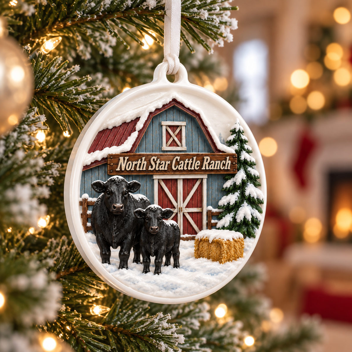 Personalized Cattle Ranch Farm Winter Barn Christmas Hanging Keepsake - 3D Relief Ornament