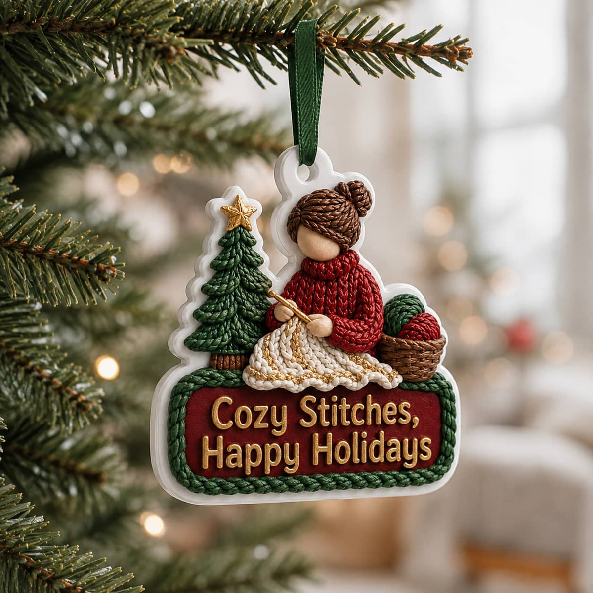 Knitting Woman Christmas Tree Decoration with Yarn Basket and Ribbon - 3D Relief Ornament