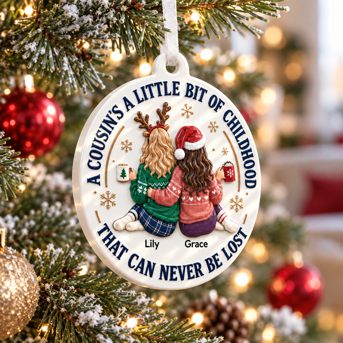 Christmas Tree Keepsake with Cousins Quote, Round Holiday Decor - 3D Relief Ornament
