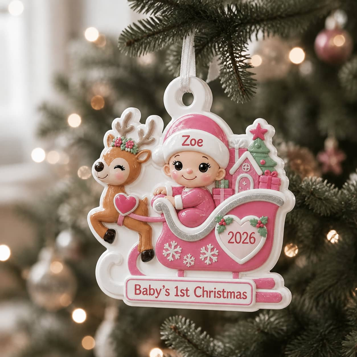 Baby's First Christmas Pink Reindeer Sleigh Holiday Keepsake - 3D Relief Ornament