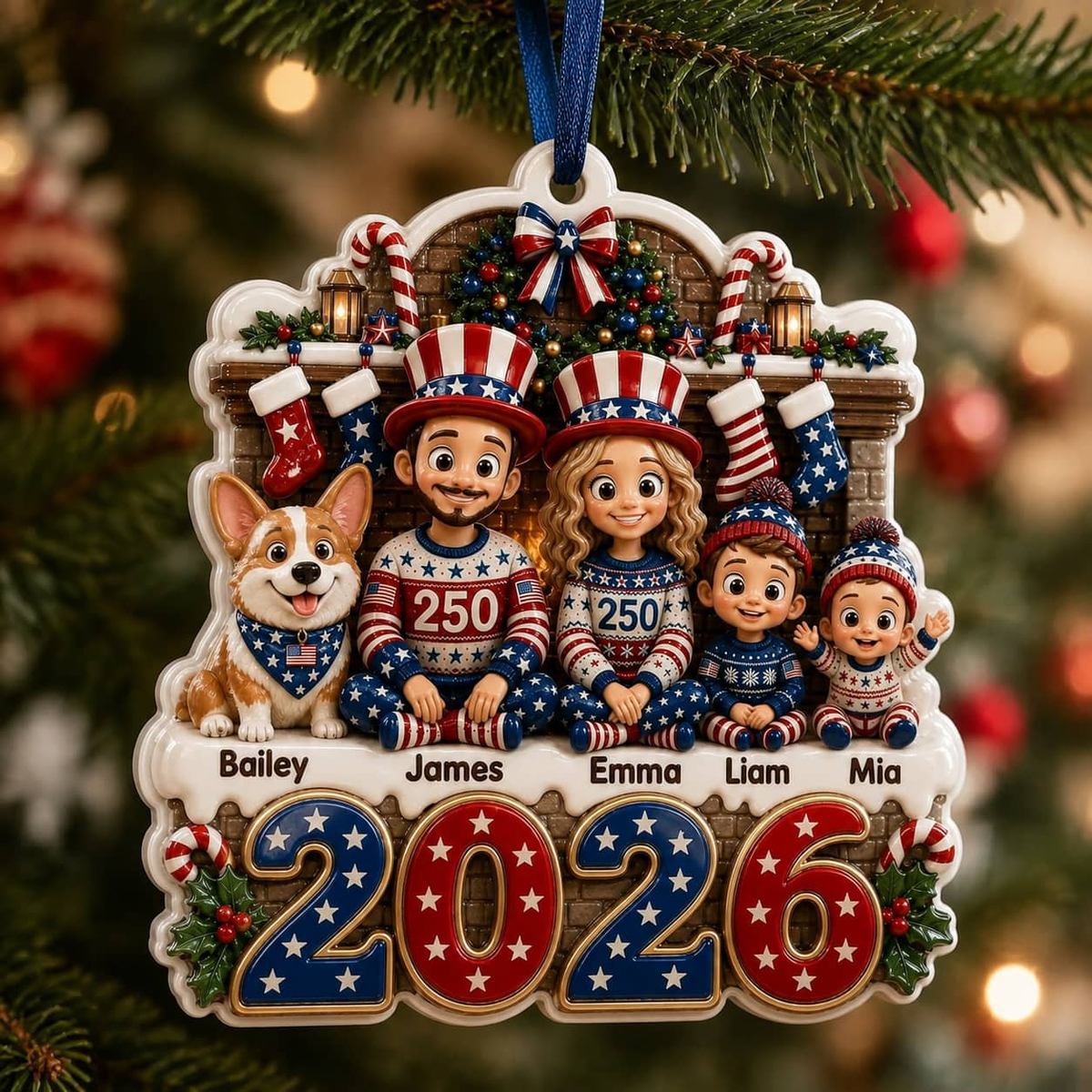 Christmas Family Decoration with Cartoon Family and Dog, 2026 Patriotic Red White Blue Design - 3D Relief Ornament