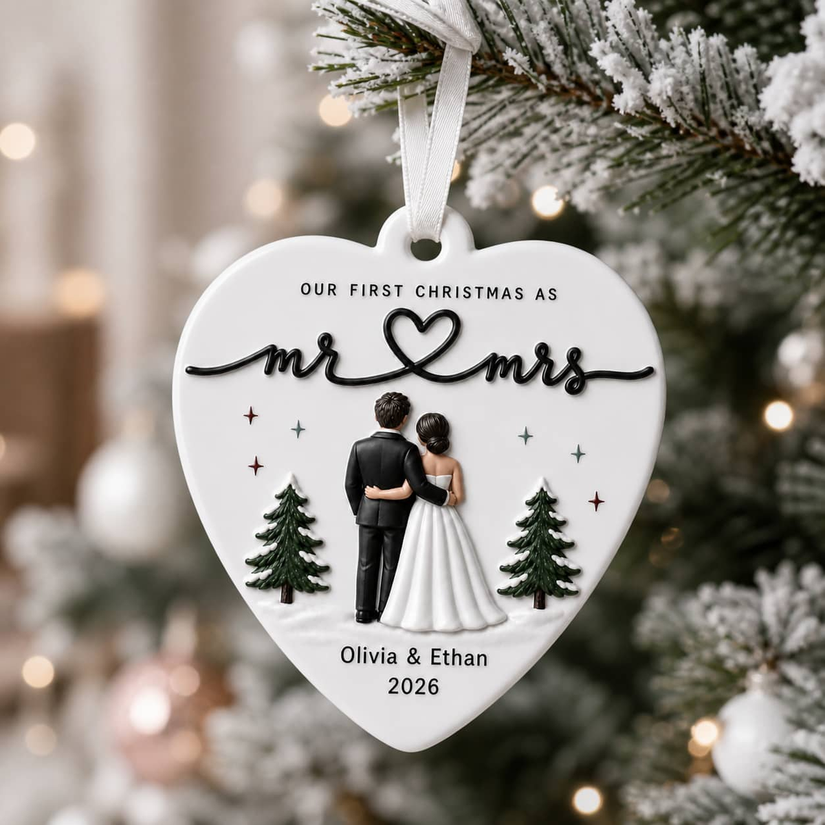 First Christmas Mr and Mrs Wedding Couple Heart Keepsake - 3D Relief Ornament