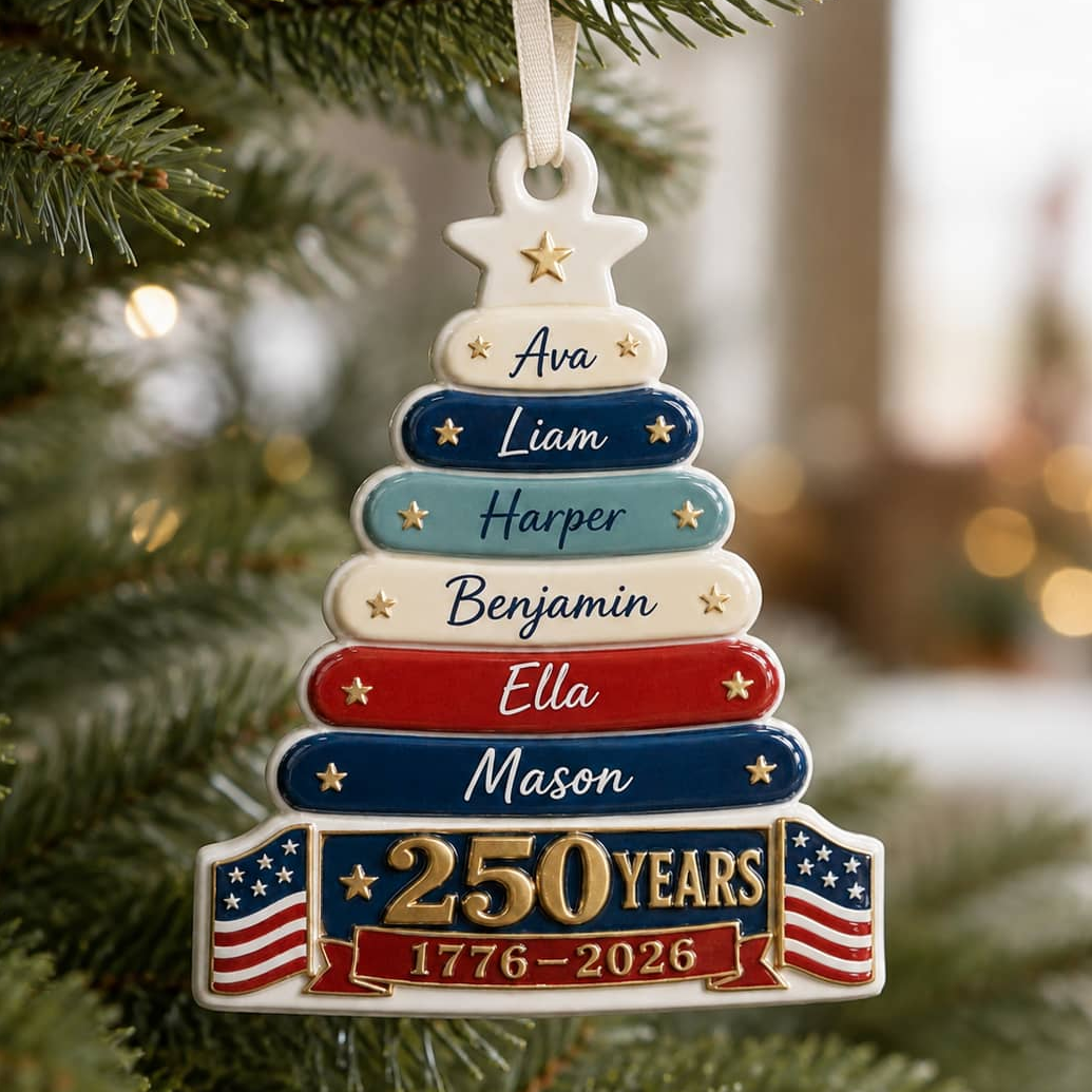 USA 250 Years 1776-2026 Patriotic Christmas Family Tree Keepsake - 3D Relief Ornament