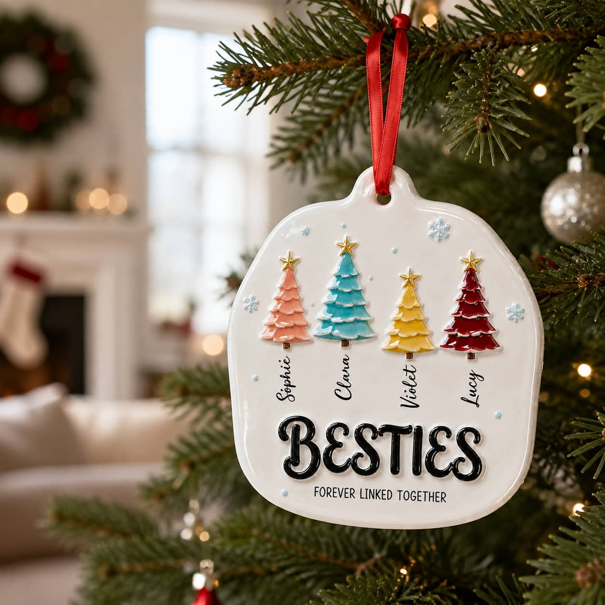 Besties Forever Linked Colorful Christmas Trees Keepsake - 3D Relief Ornament
