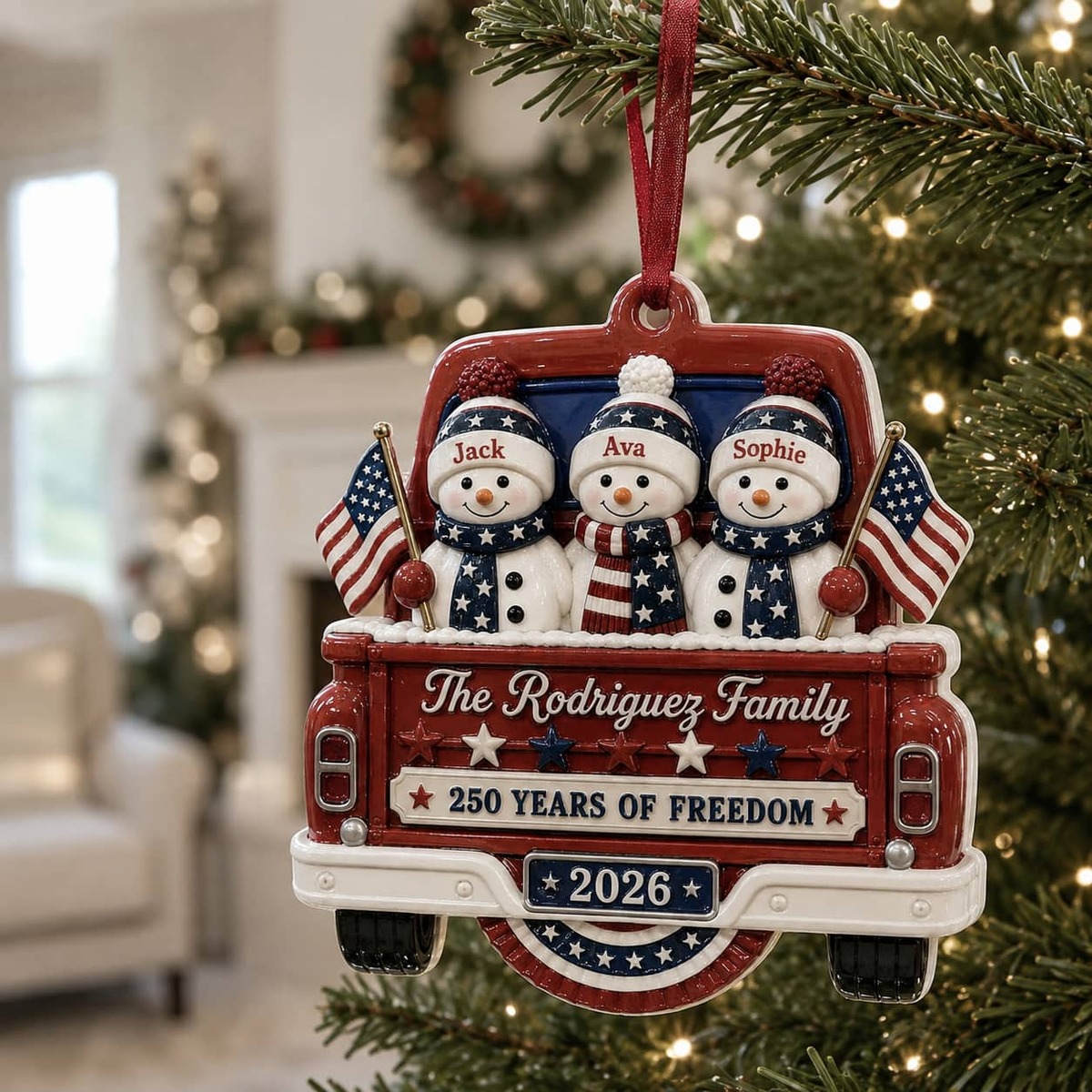 Christmas Snowman Pickup Truck Holiday Decor, Patriotic Red White Blue Design - 3D Relief Ornament