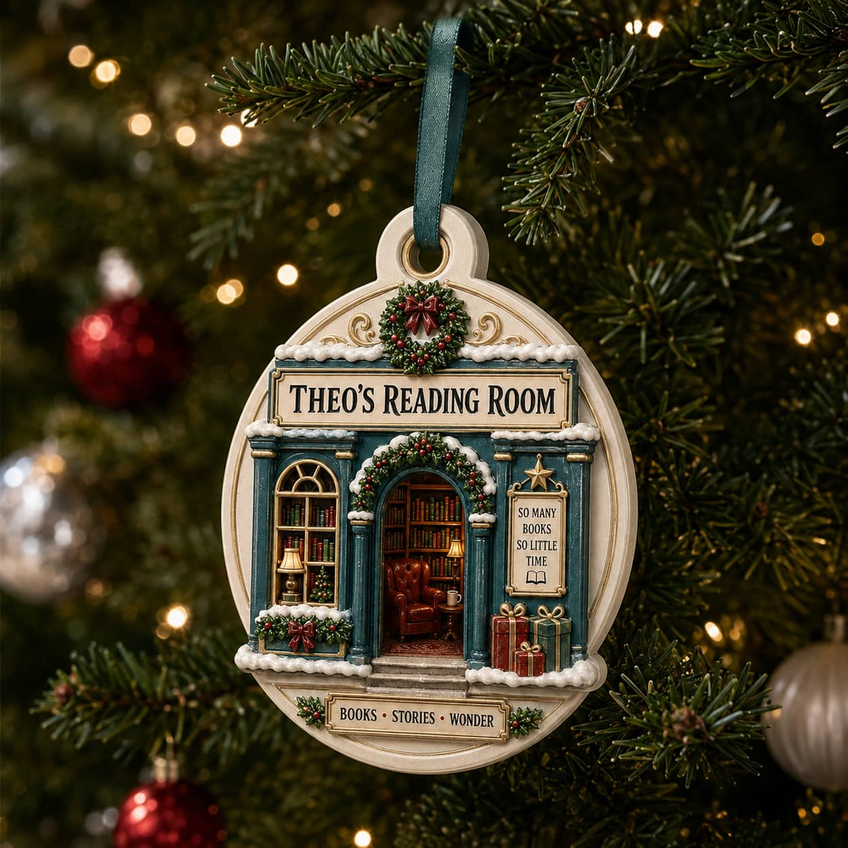 Reading Room Bookstore Facade Ceramic Holiday Keepsake with Ribbon - 3D Relief Ornament