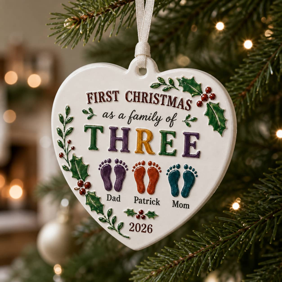 First Christmas Family of Three Heart Ceramic Keepsake with Ribbon - 3D Relief Ornament