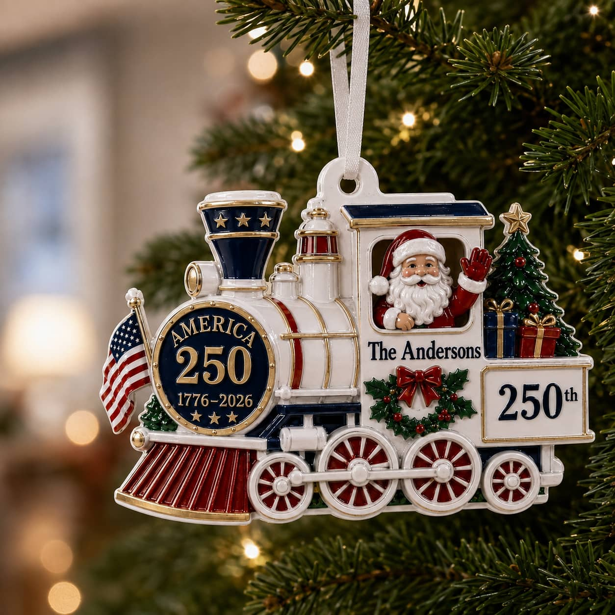 America 250 Santa Steam Train Patriotic Holiday Keepsake with Ribbon - 3D Relief Ornament