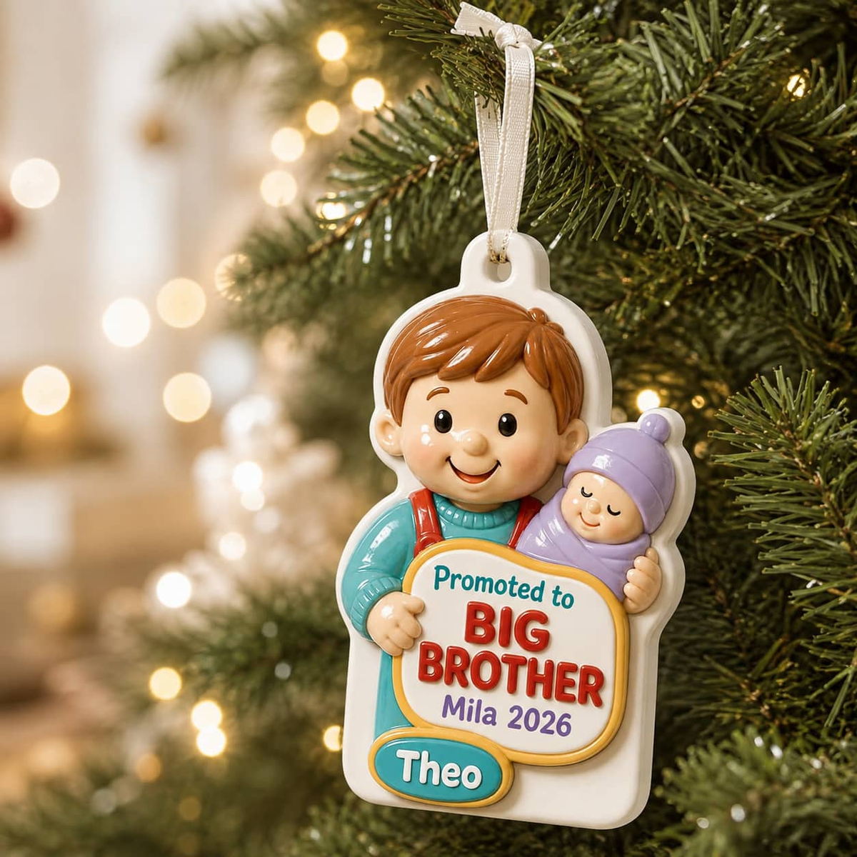 Promoted to Big Brother Holding Baby Sibling Christmas Keepsake - 3D Relief Ornament