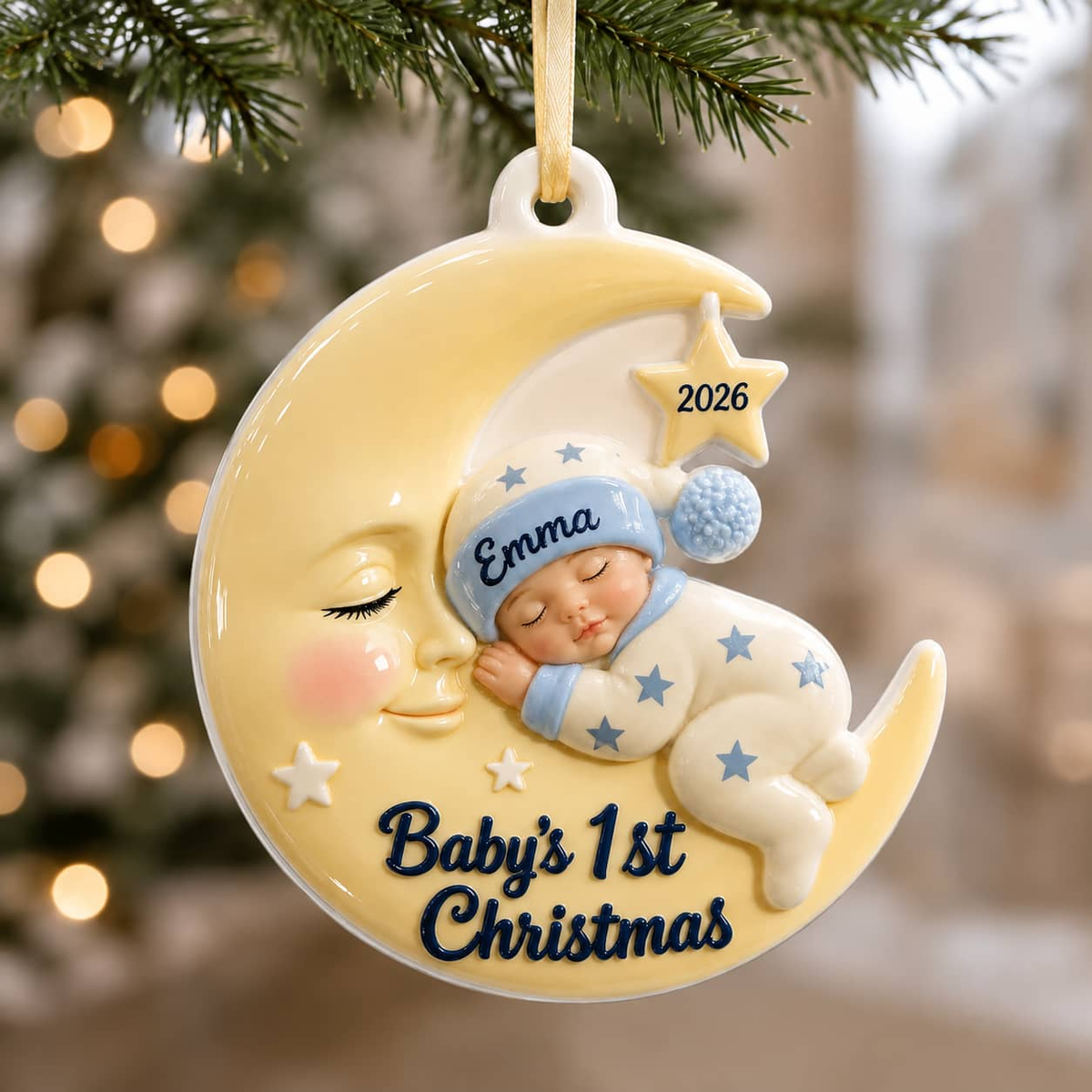 Baby's First Christmas Sleeping Infant on Crescent Moon Holiday Keepsake - 3D Relief Ornament
