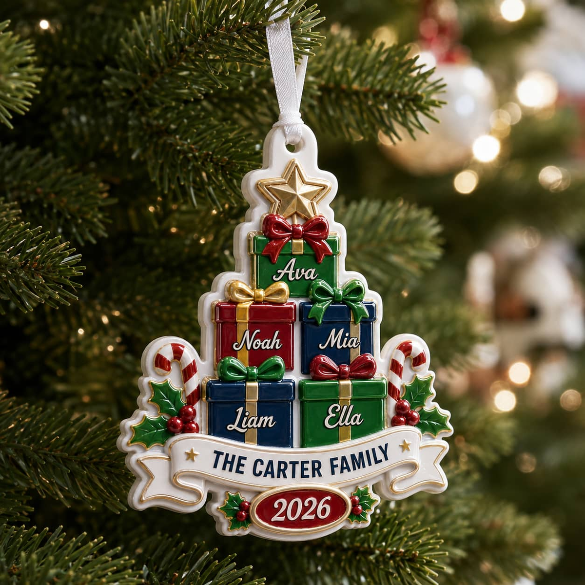 Personalized Christmas Tree Family Decoration with Stacked Gifts, 2026 Holiday Family Name Design - 3D Relief Ornament