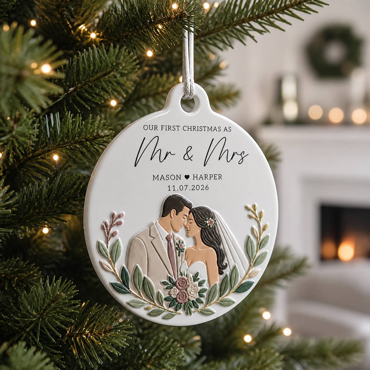 First Christmas Mr and Mrs Wedding Couple Round Keepsake - 3D Relief Ornament