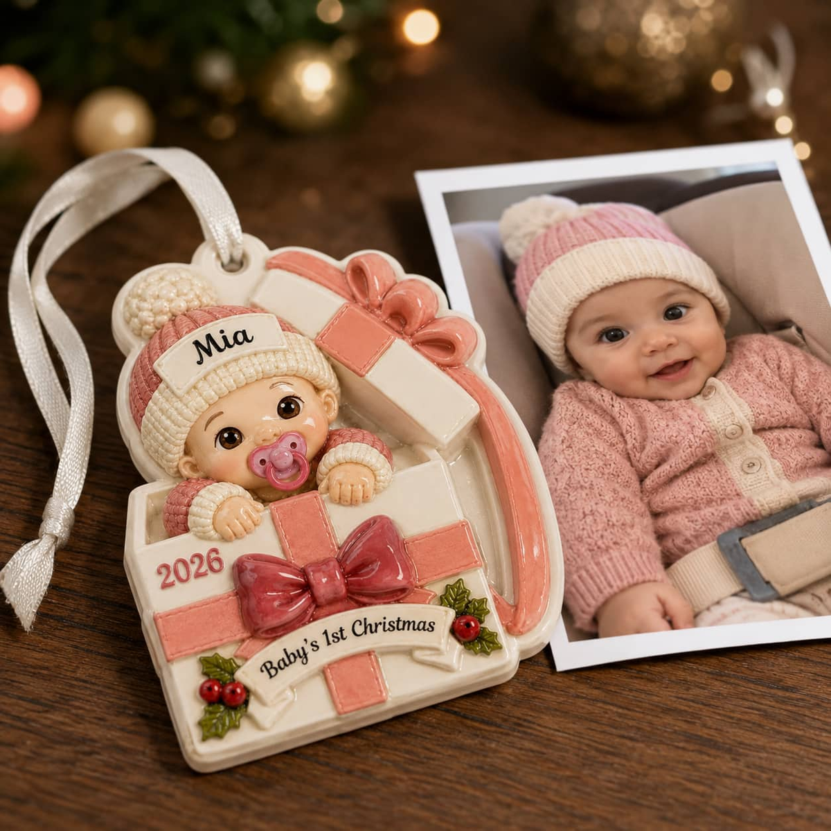 Baby's First Christmas Infant in Pink Present Box Holiday Keepsake - 3D Relief Ornament