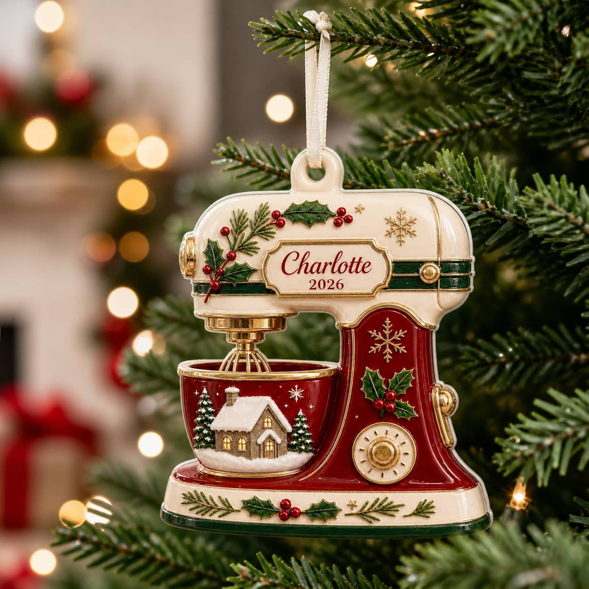 Vintage Kitchen Baking Stand Mixer in Red and Cream with Winter Cottage Scene - 3D Relief Ornament