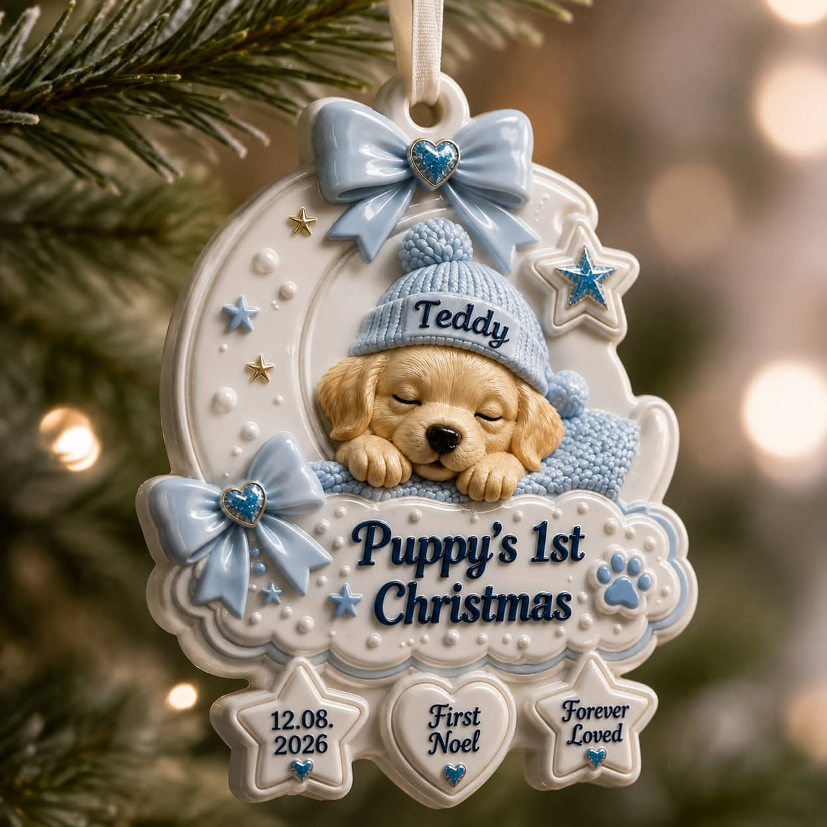 Puppy’s First Christmas Crescent Moon Holiday Decor, Blue Bow and Sleeping Puppy Design - 3D Relief Ornament