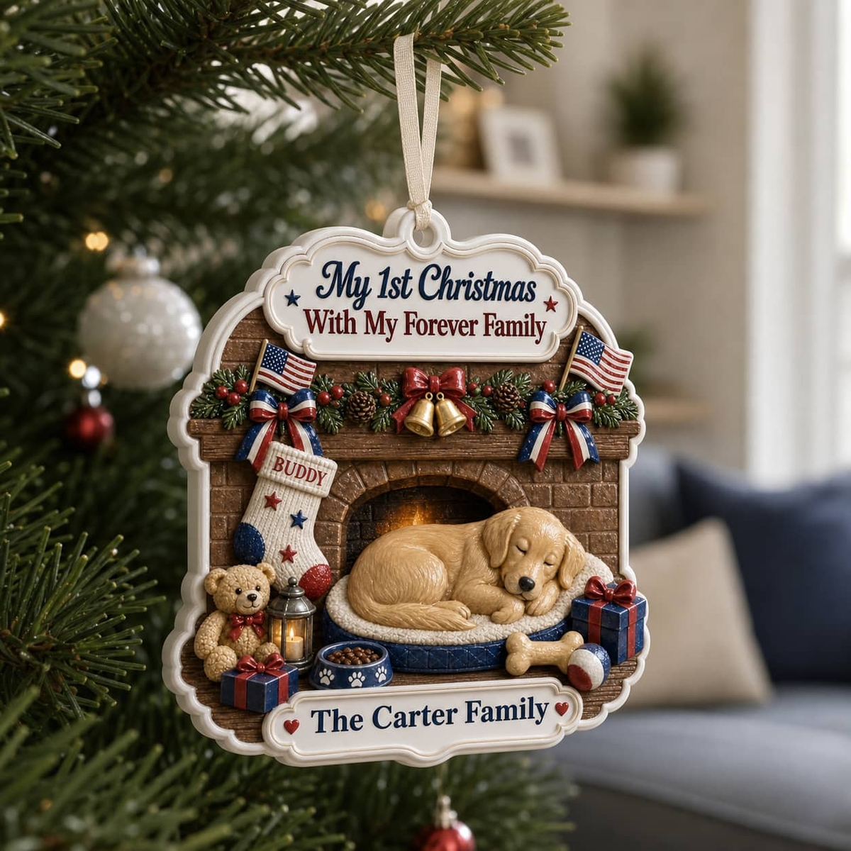 Holiday Tree Decoration, First Christmas Sleeping Puppy by Fireplace - 3D Relief Ornament