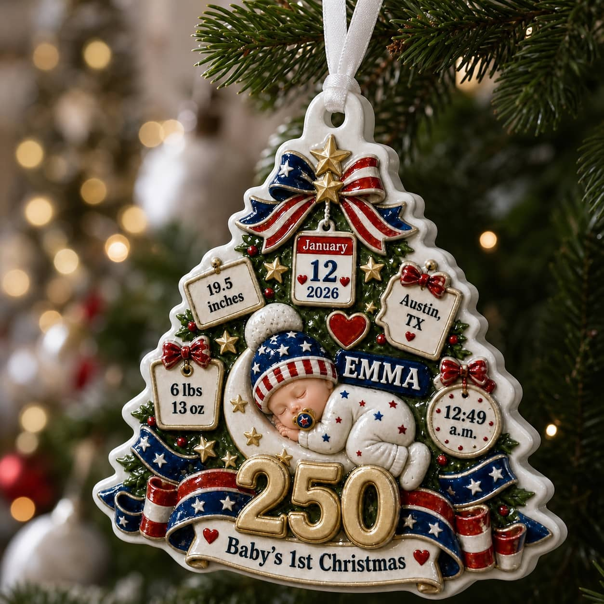 Baby's First Christmas Tree Keepsake, America 250 Patriotic Birth Stats - 3D Relief Ornament
