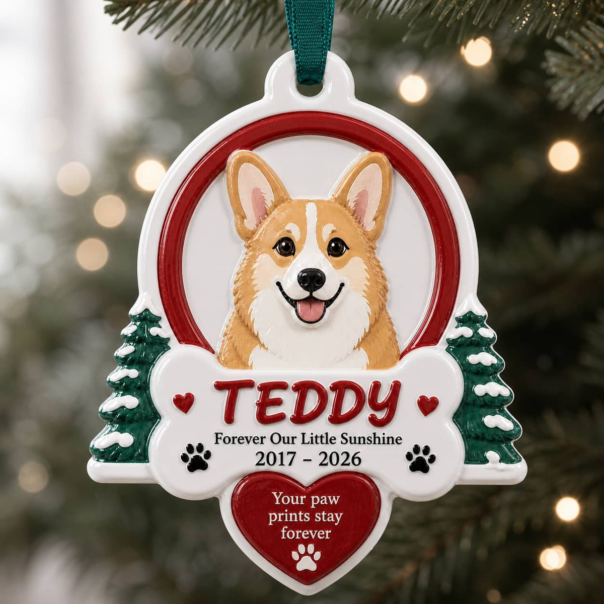 Pet Memorial Holiday Decoration with Pine Trees, Bone, and Red Heart - 3D Relief Ornament