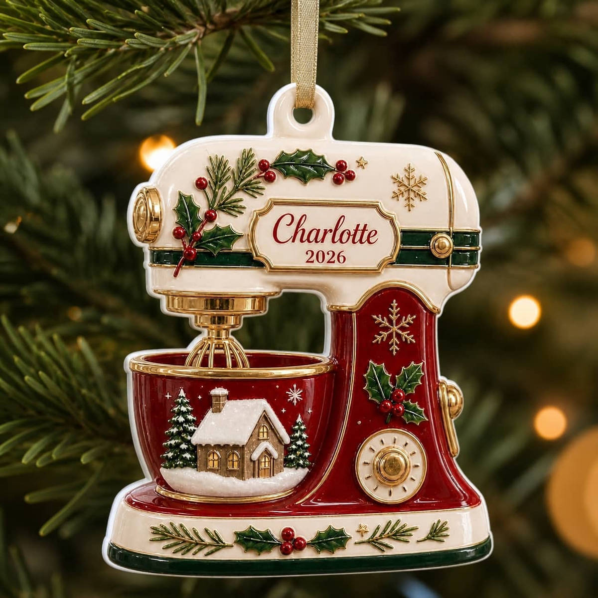 Vintage Kitchen Baking Stand Mixer in Red and Cream with Winter Cottage Scene - 3D Relief Ornament