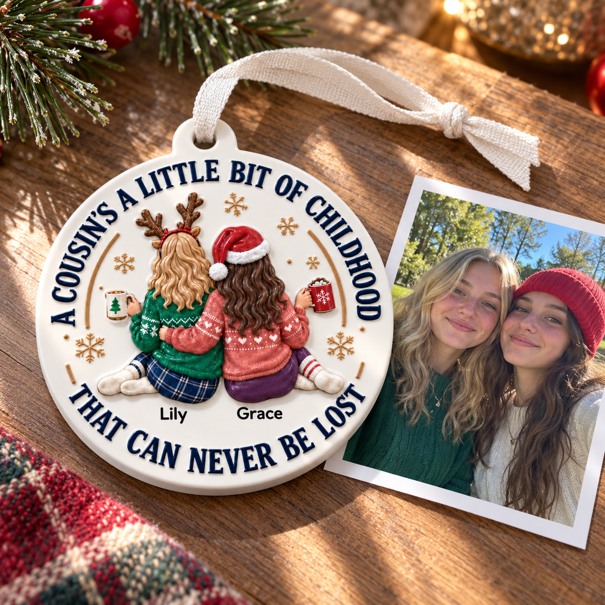Christmas Tree Keepsake with Cousins Quote, Round Holiday Decor - 3D Relief Ornament