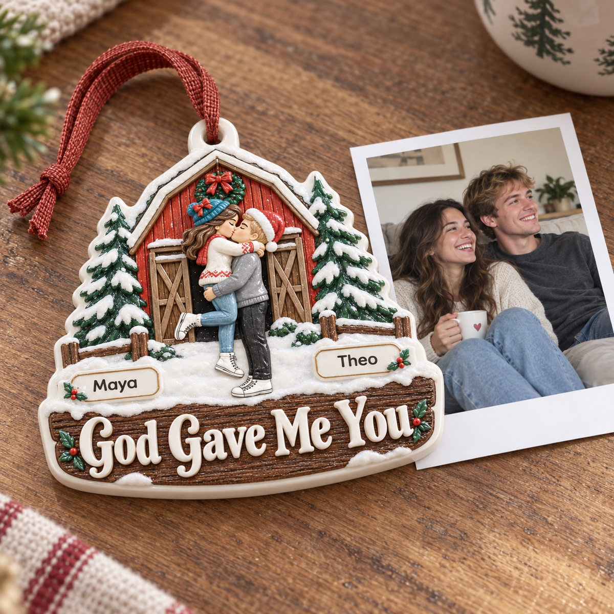 God Gave Me You Couple Winter Barn Cabin Christmas Hanging Keepsake - 3D Relief Ornament