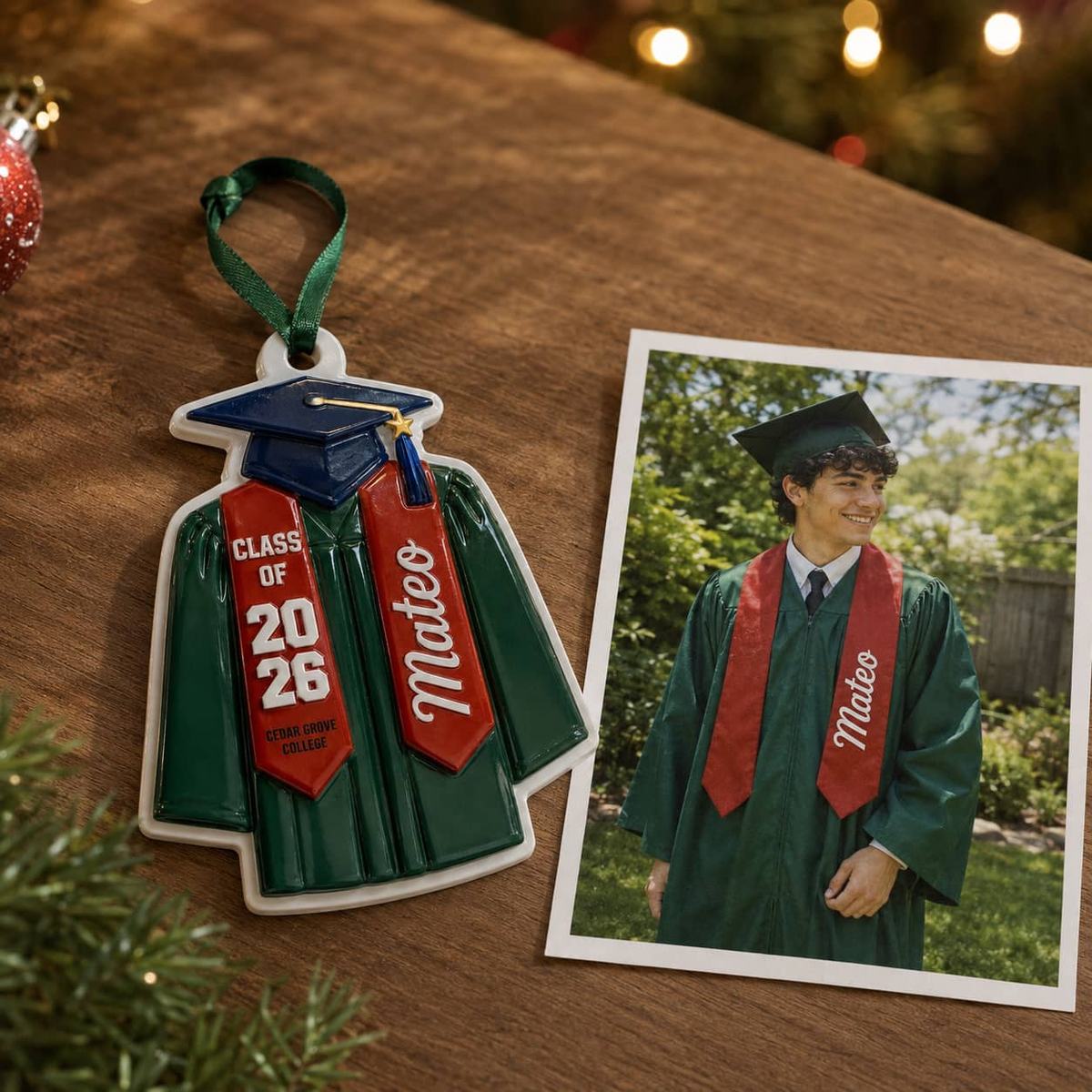 Graduation Cap and Gown Holiday Keepsake for High School or College Commencement - 3D Relief Ornament