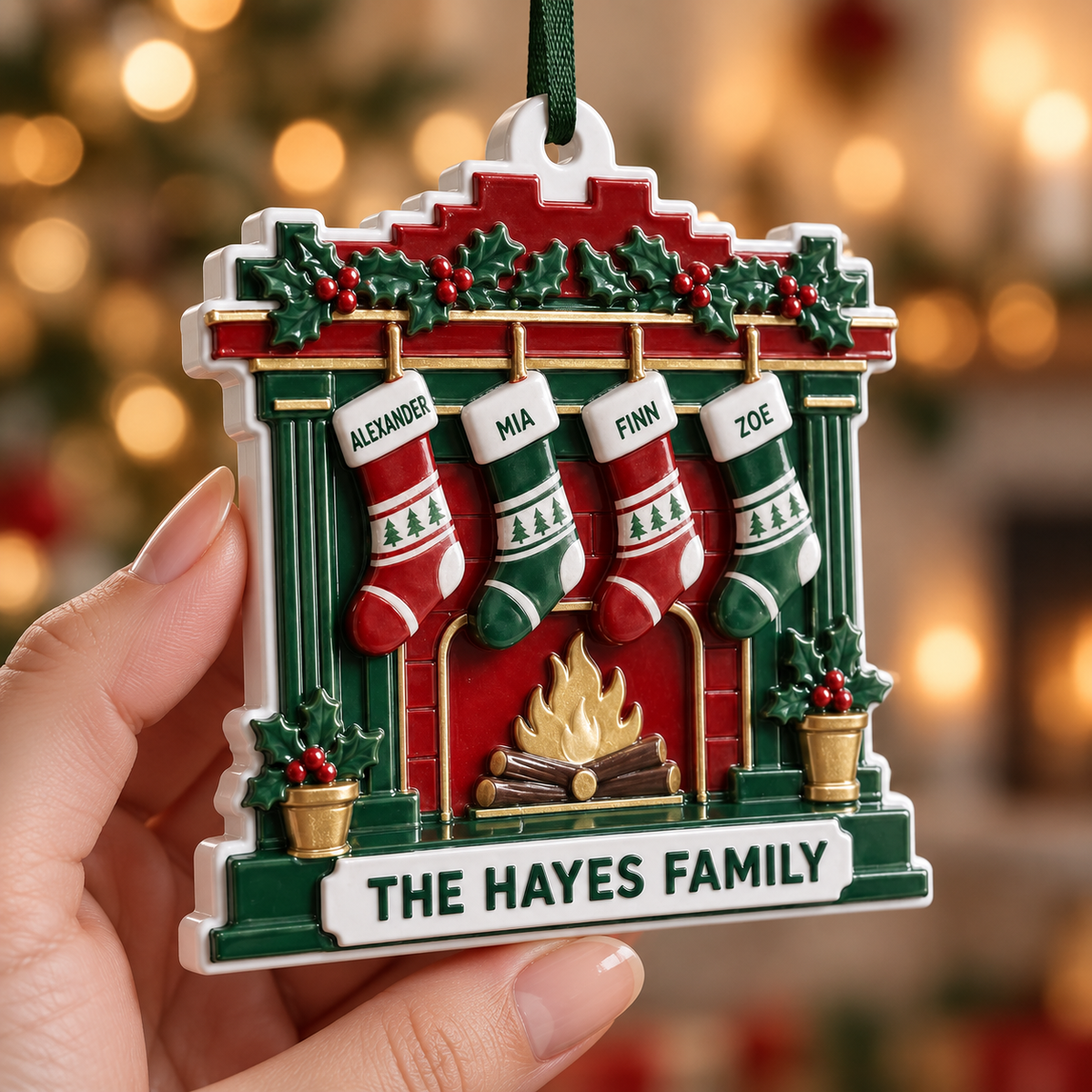 Christmas Fireplace Mantel with Hanging Stockings Holiday Tree Decor - 3D Relief Ornament
